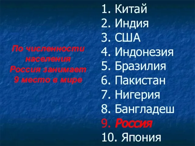 1. Китай 2. Индия 3. США 4. Индонезия 5. Бразилия 6. Пакистан