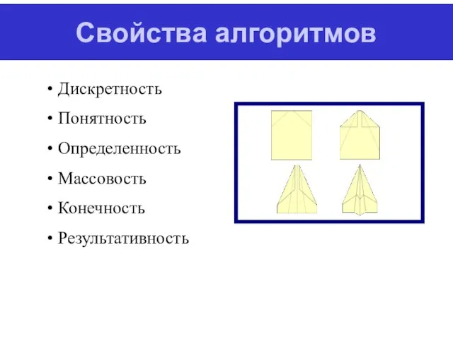 Свойства алгоритмов Дискретность Понятность Определенность Массовость Конечность Результативность