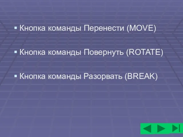 Кнопка команды Перенести (MOVE) Кнопка команды Повернуть (ROTATE) Кнопка команды Разорвать (BREAK)