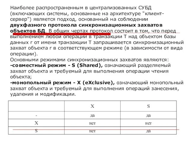 Наиболее распространенным в централизованных СУБД (включающих системы, основанные на архитектуре "клиент-сервер") является