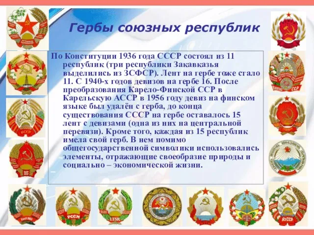 Гербы союзных республик По Конституции 1936 года СССР состоял из 11 республик