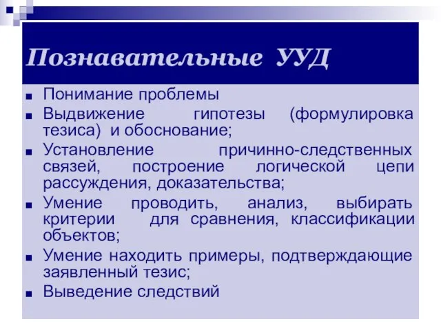 Познавательные УУД Понимание проблемы Выдвижение гипотезы (формулировка тезиса) и обоснование; Установление причинно-следственных