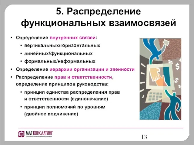 5. Распределение функциональных взаимосвязей Определение внутренних связей: вертикальных/горизонтальных линейных/функциональных формальных/неформальных Определение иерархии