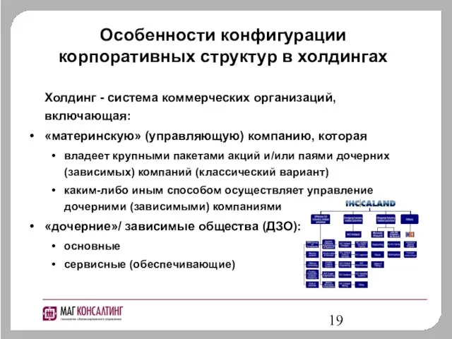 Особенности конфигурации корпоративных структур в холдингах Холдинг - система коммерческих организаций, включающая: