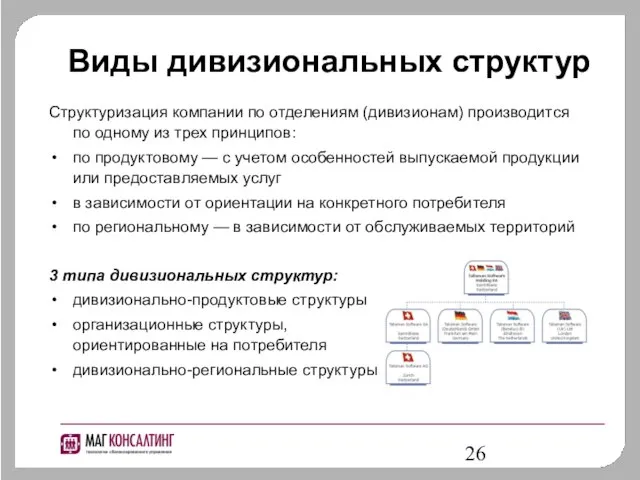 Виды дивизиональных структур Структуризация компании по отделениям (дивизионам) производится по одному из