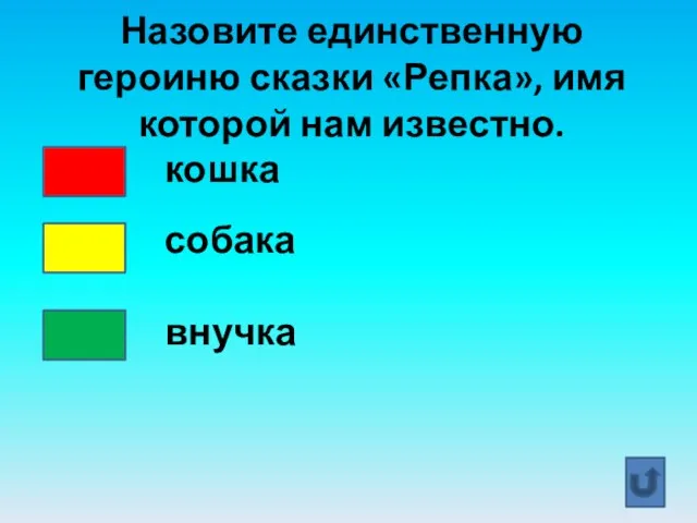 Назовите единственную героиню сказки «Репка», имя которой нам известно. собака кошка внучка