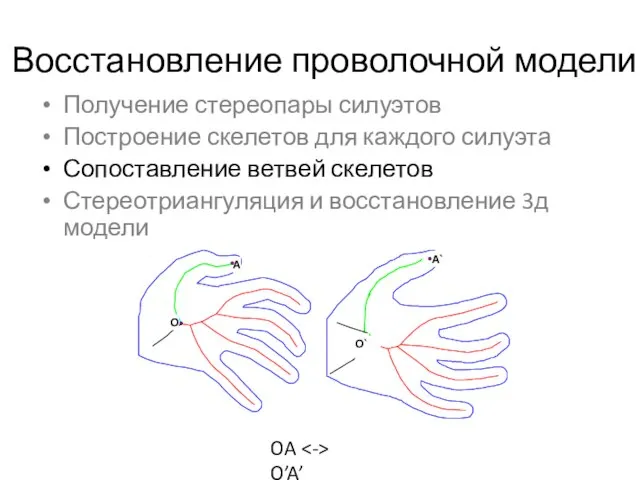 Восстановление проволочной модели Получение стереопары силуэтов Построение скелетов для каждого силуэта Сопоставление