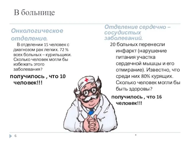 В больнице Отделение сердечно – сосудистых заболеваний. 20 больных перенесли инфаркт (нарушение