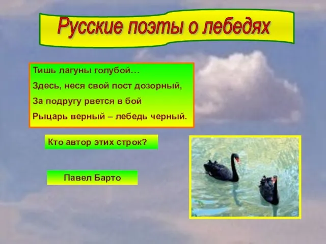 Русские поэты о лебедях Тишь лагуны голубой… Здесь, неся свой пост дозорный,