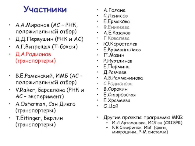 Участники А.А.Миронов (АС – РНК, положительный отбор) Д.Д.Первушин (РНК и АС) А.Г.Витрещак