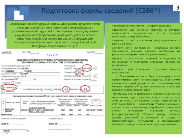 Подготовка формы сведений (СЗВ6*) Заполнение корректирующей формы документов осуществляется страхователем в соответствии