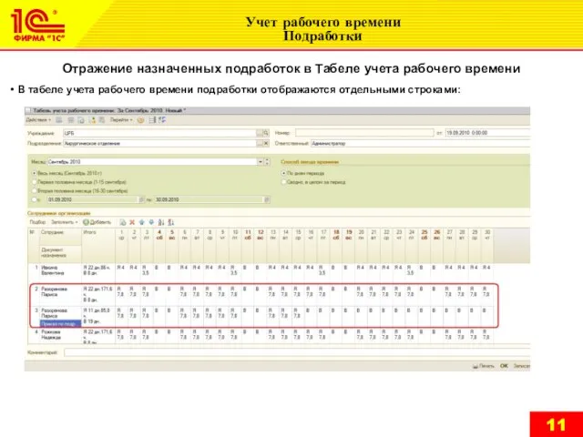 Учет рабочего времени Подработки Отражение назначенных подработок в Табеле учета рабочего времени