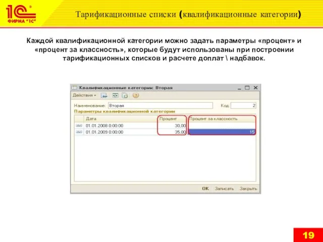 Тарификационные списки (квалификационные категории) Каждой квалификационной категории можно задать параметры «процент» и