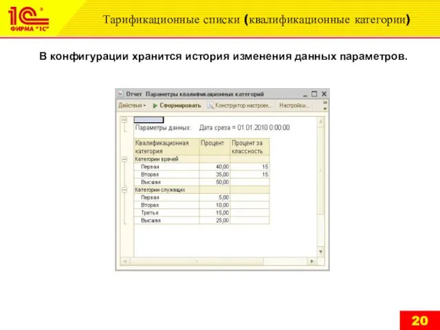 Тарификационные списки (квалификационные категории) В конфигурации хранится история изменения данных параметров.