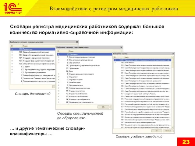 Взаимодействие с регистром медицинских работников Словари регистра медицинских работников содержат большое количество