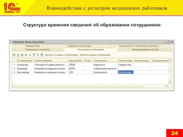 Взаимодействие с регистром медицинских работников Структура хранения сведений об образовании сотрудников: