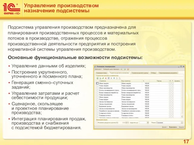 Управление производством назначение подсистемы Основные функциональные возможности подсистемы: Управление данными об изделиях;