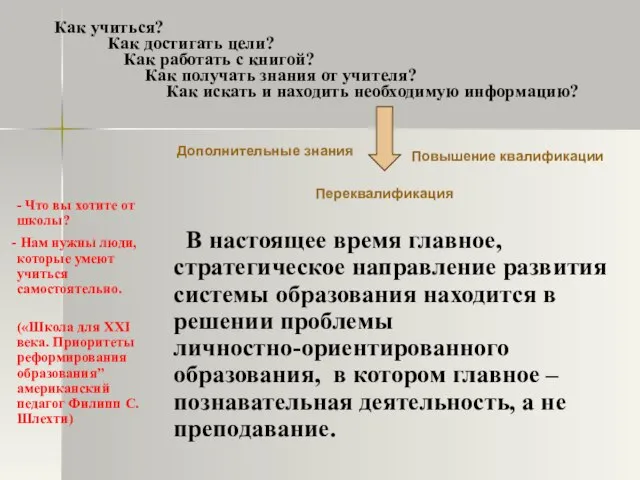 В настоящее время главное, стратегическое направление развития системы образования находится в решении