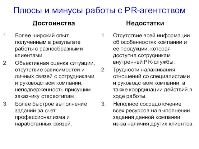 Плюсы и минусы работы с PR-агентством Достоинства Более широкий опыт, полученным в