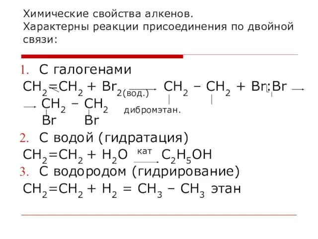 Химические свойства алкенов. Характерны реакции присоединения по двойной связи: С галогенами CH2=CH2