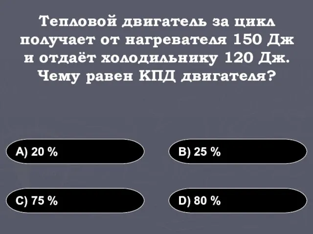 Тепловой двигатель за цикл получает от нагревателя 150 Дж и отдаёт холодильнику