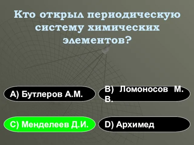 Кто открыл периодическую систему химических элементов? А) Бутлеров А.М. В) Ломоносов М.В.