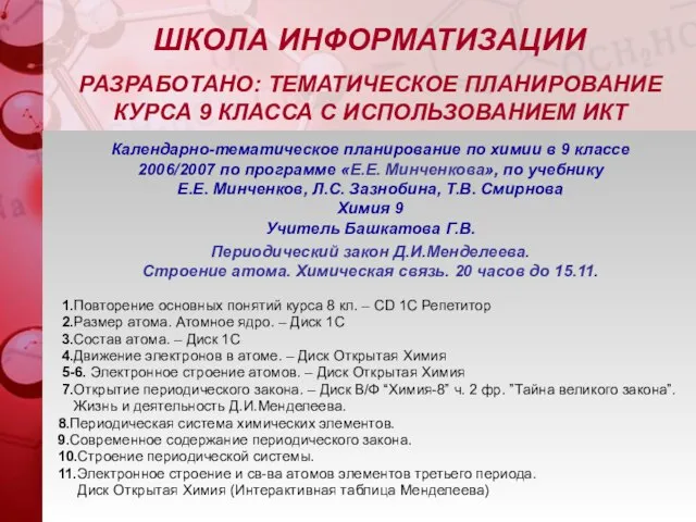 Календарно-тематическое планирование по химии в 9 классе 2006/2007 по программе «Е.Е. Минченкова»,