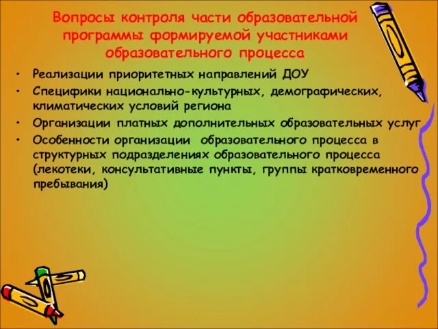 Вопросы контроля части образовательной программы формируемой участниками образовательного процесса Реализации приоритетных направлений