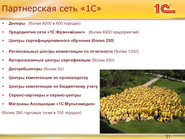 Партнерская сеть «1С» Дилеры (более 8000 в 600 городах) Предприятия сети «1С:Франчайзинг»