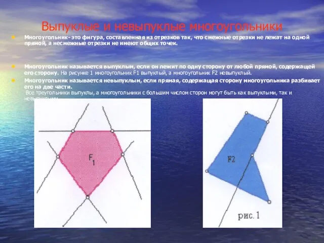 Выпуклые и невыпуклые многоугольники Многоугольник- это фигура, составленная из отрезков так, что