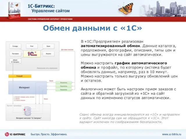 Обмен данными с «1С» В «1С:Предприятие» реализован автоматизированный обмен. Данные каталога, предложения,