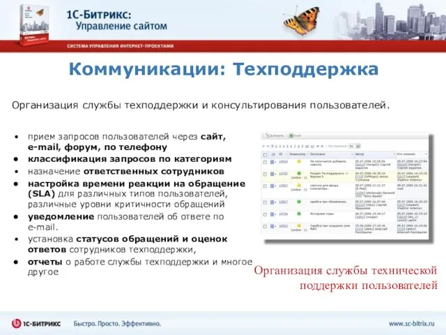 Коммуникации: Техподдержка Организация службы техподдержки и консультирования пользователей. прием запросов пользователей через