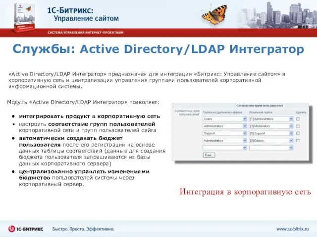 Службы: Active Directory/LDAP Интегратор Интеграция в корпоративную сеть интегрировать продукт в корпоративную