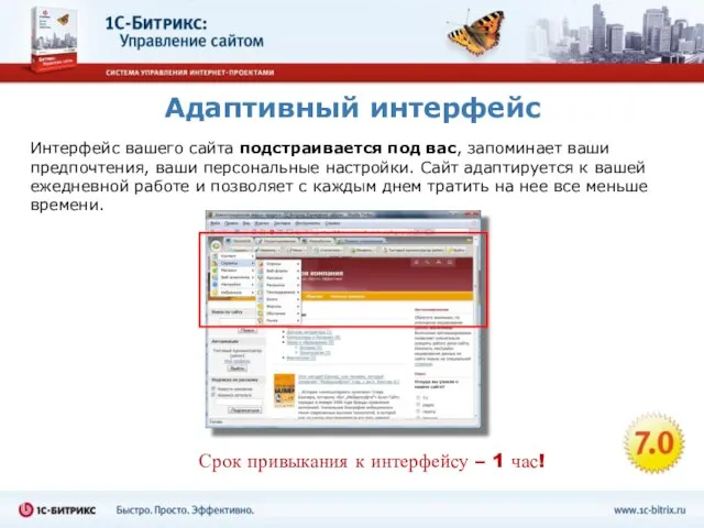 Адаптивный интерфейс Срок привыкания к интерфейсу – 1 час! Интерфейс вашего сайта