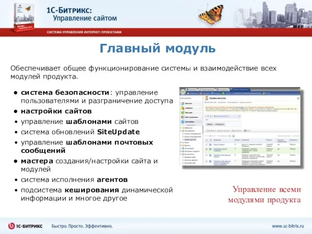 Главный модуль Обеспечивает общее функционирование системы и взаимодействие всех модулей продукта. система