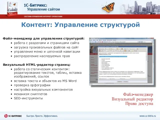 Контент: Управление структурой Файл-менеджер для управления структурой: работа с разделами и страницами