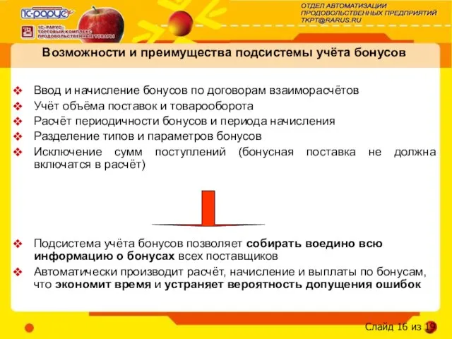 Возможности и преимущества подсистемы учёта бонусов Ввод и начисление бонусов по договорам