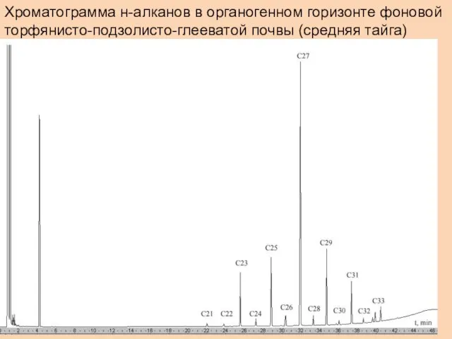 Хроматограмма н-алканов в органогенном горизонте фоновой торфянисто-подзолисто-глееватой почвы (средняя тайга)