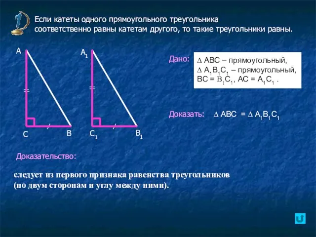 Если катеты одного прямоугольного треугольника соответственно равны катетам другого, то такие треугольники