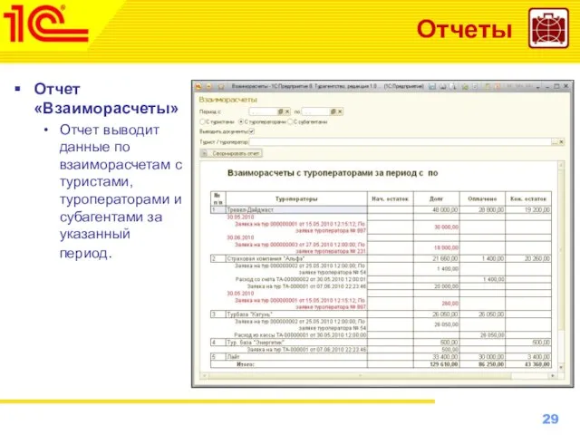 Отчеты Отчет «Взаиморасчеты» Отчет выводит данные по взаиморасчетам с туристами, туроператорами и субагентами за указанный период.