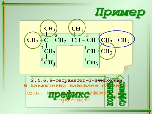 В заключении называем главную цепь, указывая в суффиксе её кратность Пример 2,4,6,6–тетраметил–3-этилоктан
