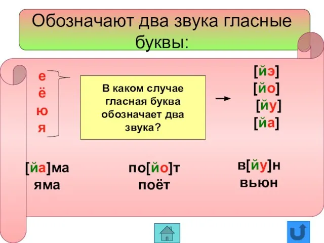 Обозначают два звука гласные буквы: в начале слова, [йэ] [йо] [йу] [йа]