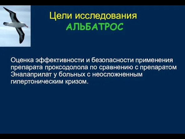 Цели исследования АЛЬБАТРОС Оценка эффективности и безопасности применения препарата проксодолола по сравнению