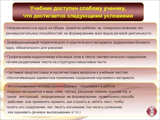 Использованием системы разнообразных «подсказок» в работе: опорных материалов в виде схем, таблиц,