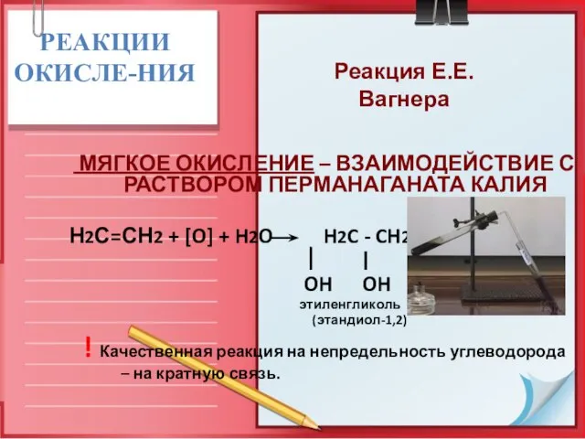 РЕАКЦИИ ОКИСЛЕ-НИЯ МЯГКОЕ ОКИСЛЕНИЕ – ВЗАИМОДЕЙСТВИЕ С РАСТВОРОМ ПЕРМАНАГАНАТА КАЛИЯ Н2С=СН2 +