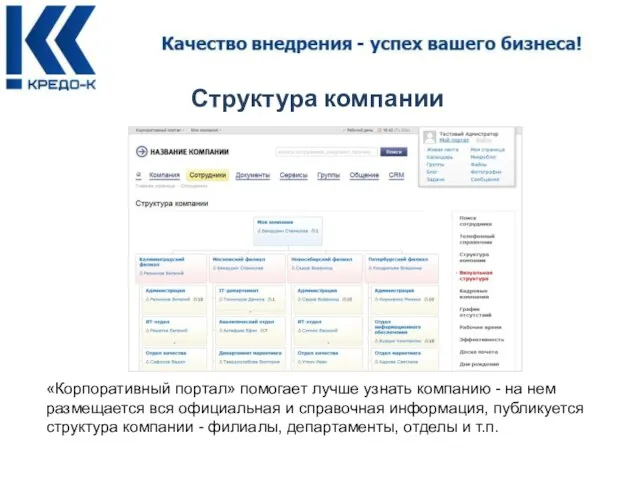 Структура компании «Корпоративный портал» помогает лучше узнать компанию - на нем размещается