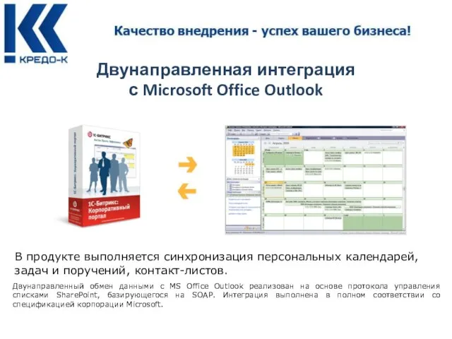 Двунаправленная интеграция с Microsoft Office Outlook В продукте выполняется синхронизация персональных календарей,