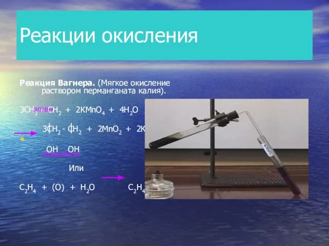 Реакции окисления Реакция Вагнера. (Мягкое окисление раствором перманганата калия). 3СН2 = СН2