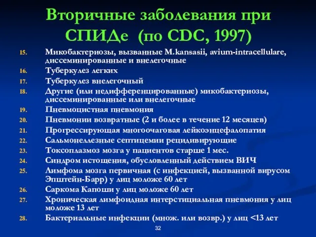 Вторичные заболевания при СПИДе (по CDC, 1997) Микобактериозы, вызванные M.kansasii, avium-intracellulare, диссеминированные