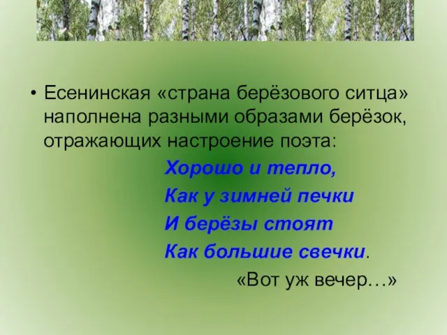 Есенинская «страна берёзового ситца» наполнена разными образами берёзок, отражающих настроение поэта: Хорошо